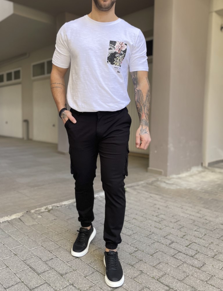 Ανδρικό cargo μαύρο παντελόνι υφασμάτινο με λάστιχο BC51201 φωτογραφία